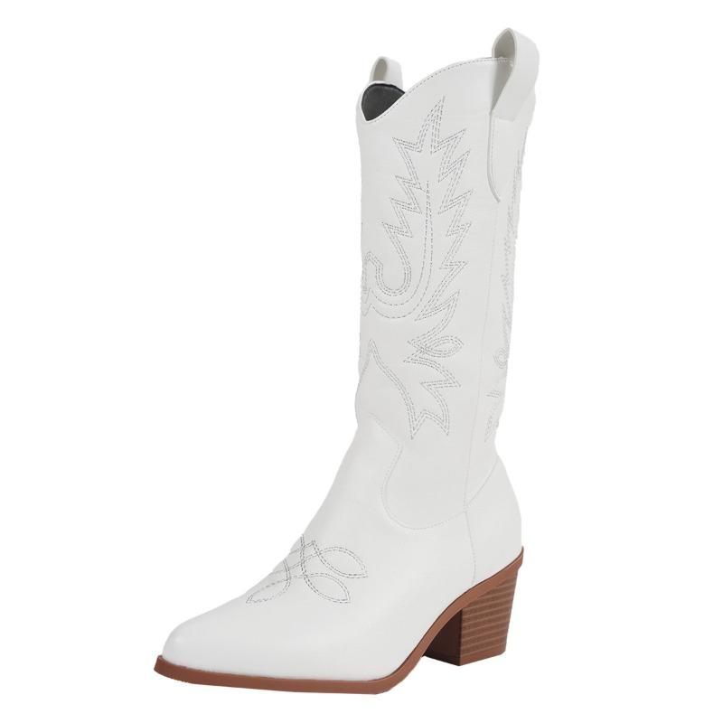 White Large Size Mid-Calf Boots Pointed Toe Square Heel Women Shoes Embroidery Cowgirl Knight Boots Vintage Black High Heels
