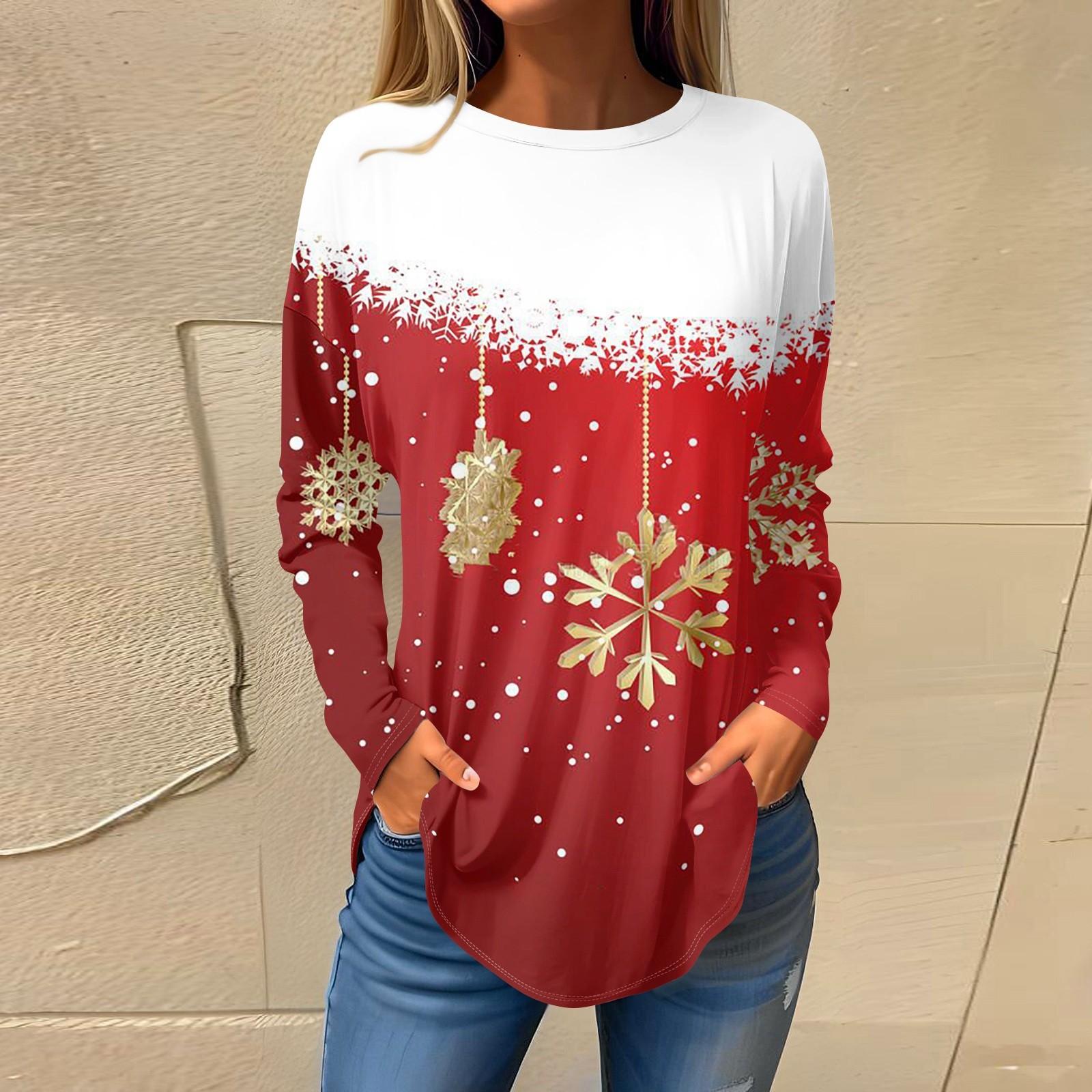 

Футболки для женщин, осенние повседневные рубашки с длинным рукавом, толстовки с винтажным графическим принтом, топы, пуловеры, рождественские M красный