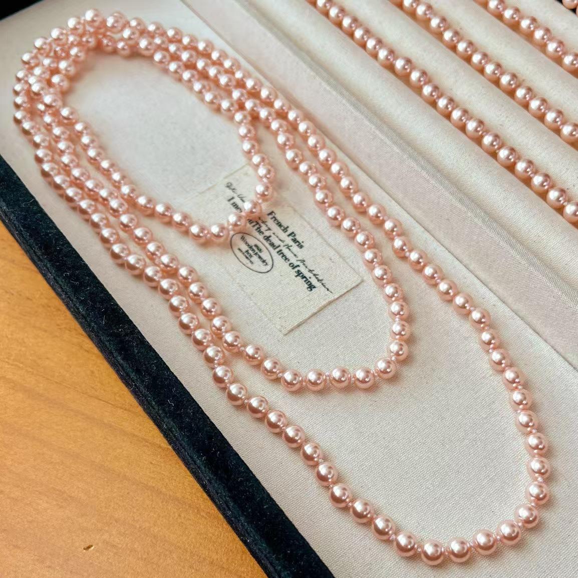 

120Cm Retro Vibe Sunset Red Faux Pearl Sweater Chain Collarbone Chain Necklace