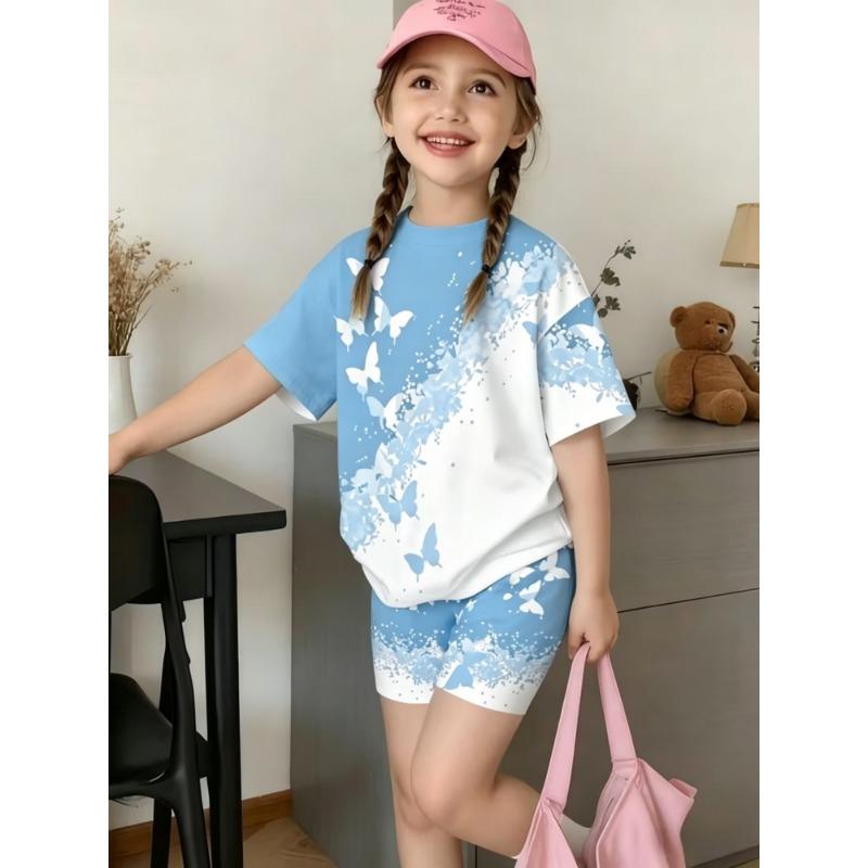 1615 Flame Retardant Digital 3D Swan Girls' Short Sleeve and Shorts Home Wear Set, Suitable for Girls Aged 3 To 8