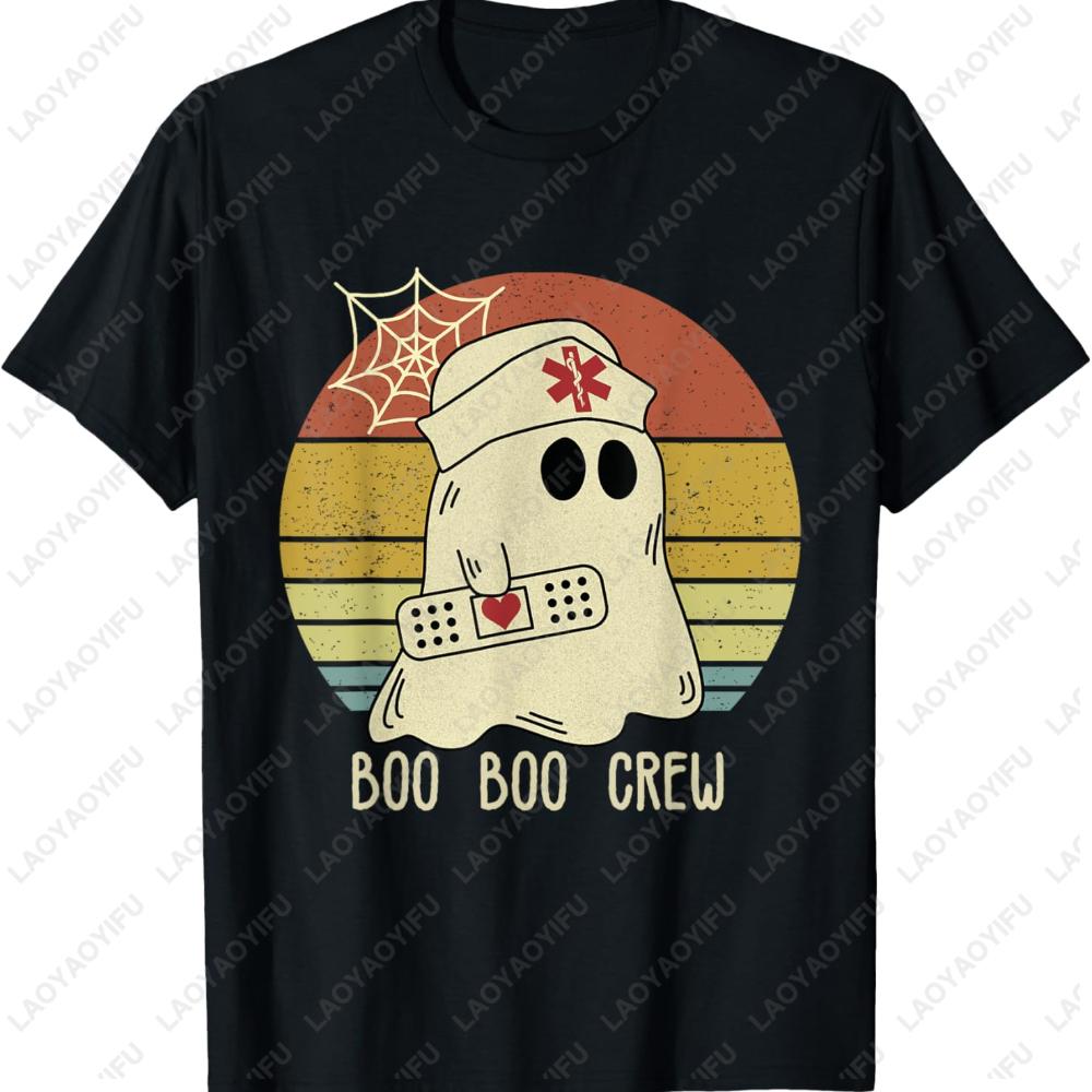 Boo Boo Crew Nurse Halloween Graphic T Shirts Spider Web Woman Men Cotton Tshirt Tops Lovely Ghost Nurse Crewneck T-shirt
