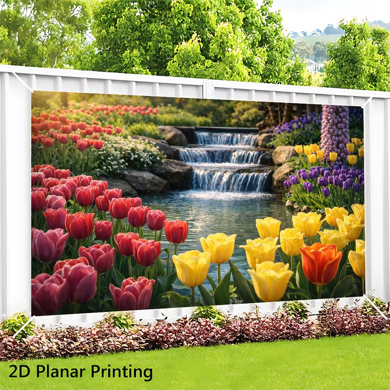 2D Flat Printed Tulip Backdrop, Vibrant Multicolor Tulip Garden with Waterfall Photo Background