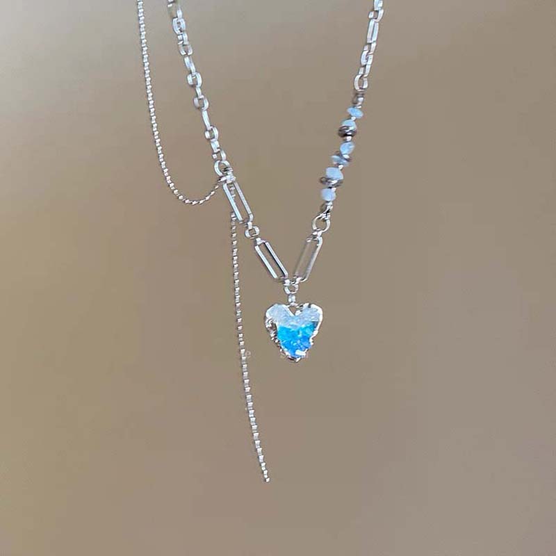 

Fashion Blue Butterfly Heart-Shaped Pendant Necklace for Women Girls Exquisite Multi Layer Chain Tassel Crystal Necklace Jewelry