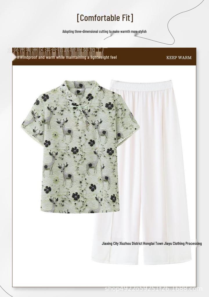 2026 Stylish Summer Two-Piece Set for Middle-Aged Women, Chinese Style Top & Outfit
