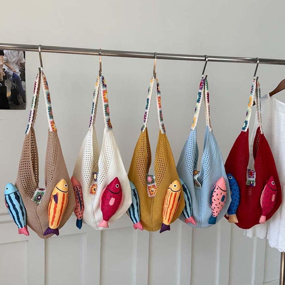 Fish Hollow Out Woven Bag Magnetic Buckle Tassels Beach Handbag Cotton Crochet Shoulder Bag  Beach