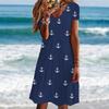 Women Short Sleeve V‑Neck A‑Line Midi Dress Anchor Print Casual Loose Summer Plus Size Beach Dress
