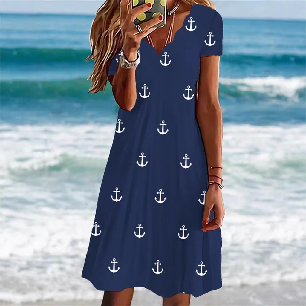 Women Short Sleeve V‑Neck A‑Line Midi Dress Anchor Print Casual Loose Summer Plus Size Beach Dress