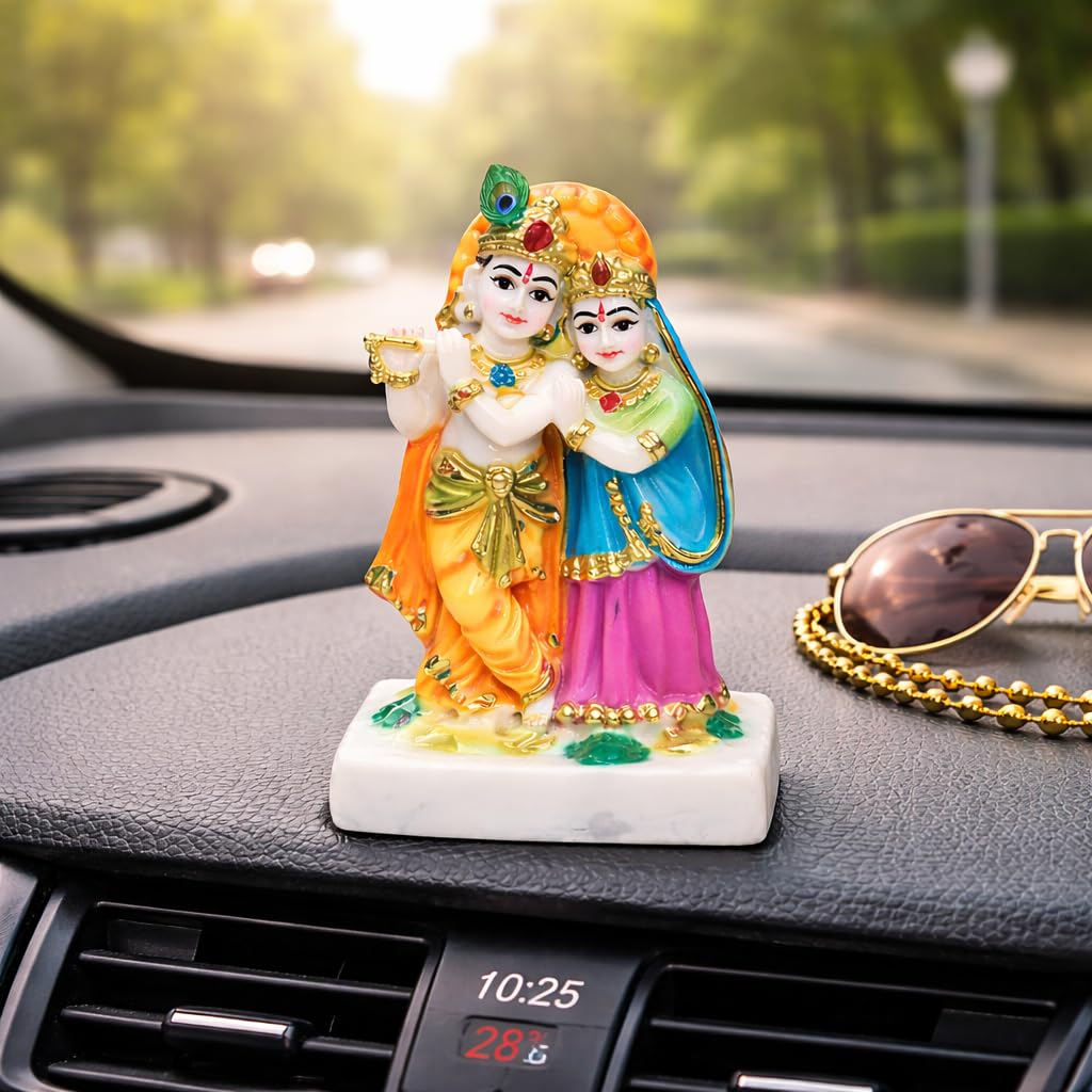 Figurka Radha Krishna, Pył Marmurowy, Wielokolorowa ze Złotym Połyskiem, Wysokość 9cm, Tradycyjny Posąg Bóstwa Hinduistycznego