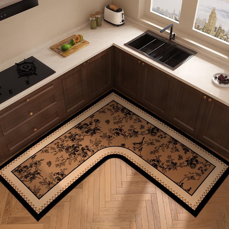 L-shaped Carpet for Kitchen Absorbent Non-slip Floor Mat Minimalist Retro Style Home Decoration Rug Oil Absorption Wipeable