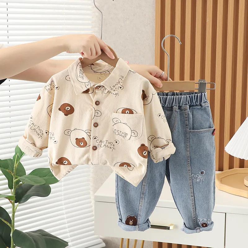 Spring Autumn Children Outfit Boys Clothing Set Full Print Cartoon Bear Shirt and Jeans 2Pcs Suit for Kids