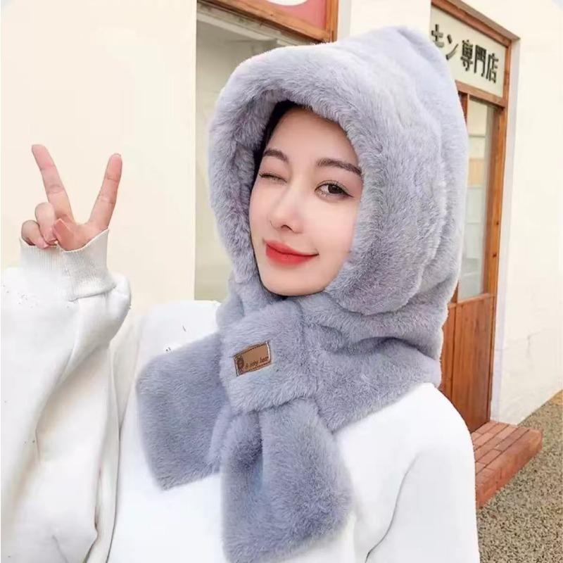 Plush hat scarf integrated women's autumn and winter cute warm ear protection scarf versatile fox ear hat