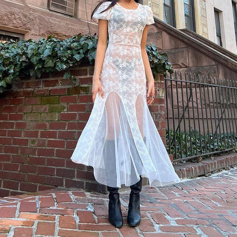 

Прозрачное платье из сетки для сна с пышными рукавами и круглым воротником White XL