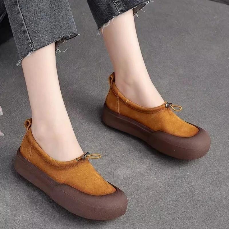 Fashion Platform Shoes for Women Retro Leather Round Shoes Women Comfortable Soft Soles Shoes Slip-on Flats Breathable Female Footwear