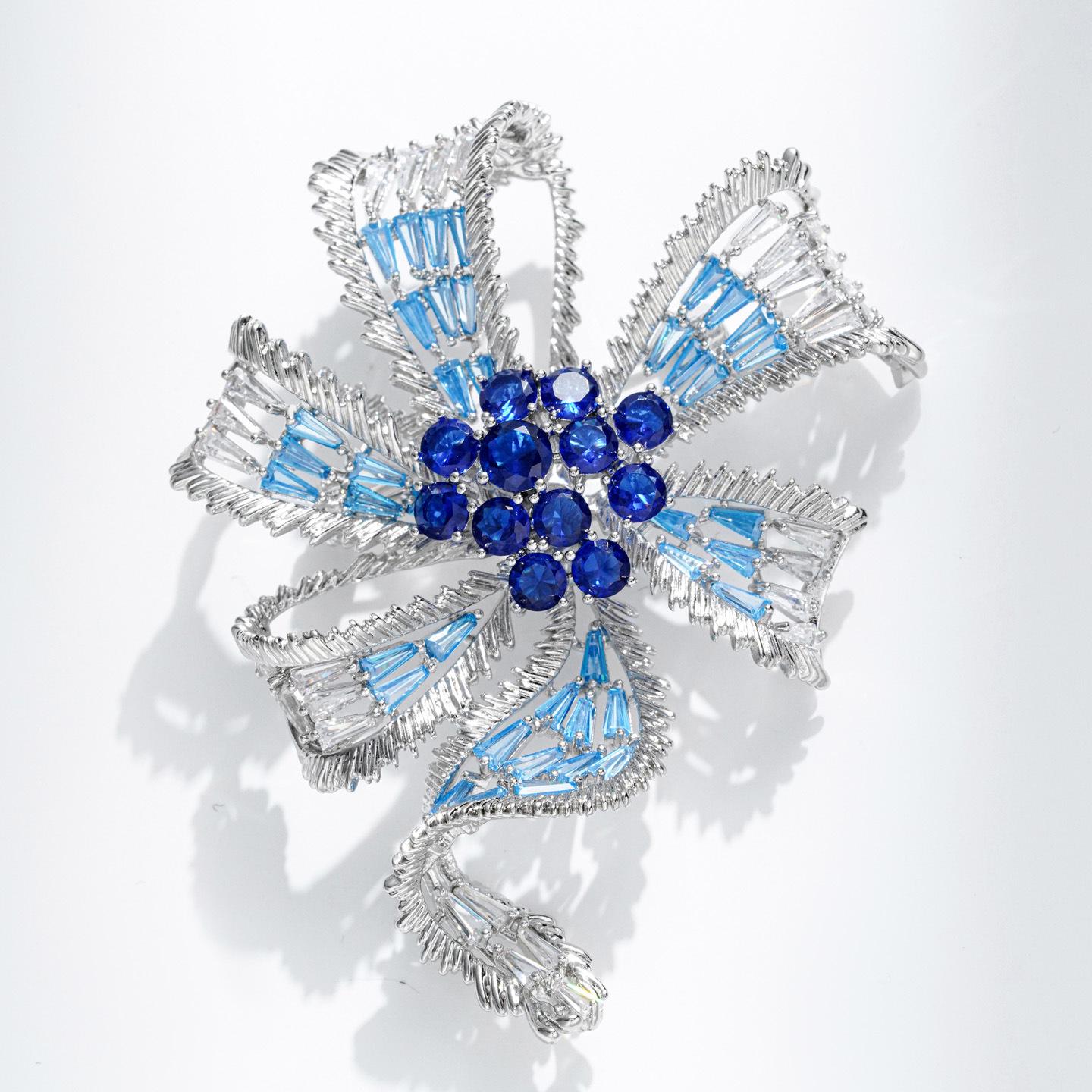 Bo Xin Yun Luxury Copper Zircon Blue Ribbon Bow Women s Brooch