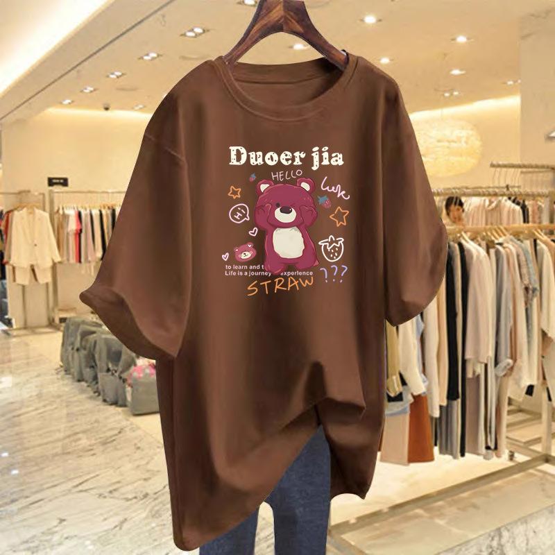 Bear printed t-shirt women's summer new loose and versatile cartoon t-shirt medium and long bottoming shirt