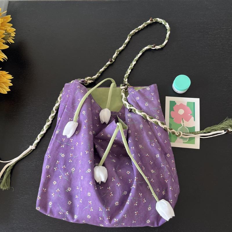 

Original homemade spring and summer new lilac contrasting shoulder bag retro flower cotton messenger bag women s canvas bag