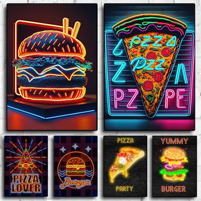 Neonowy Plakat Pizza Burger Zdjęcia HD Obrazy na Płótnie i Druki Sztuka Ścienna do Salonu Dekoracja Domu Kuchni Bez Ramy Prezenty