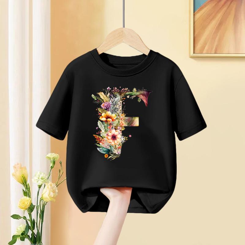 A B C D Kombinationsschrift Mädchen T-Shirt Blumendruck Lässige Oberteile Benutzerdefinierter Name Buchstabe Kinder Schwarzes T-Shirt