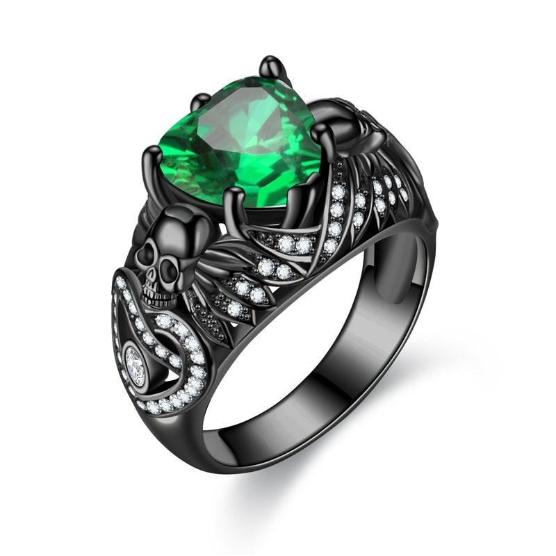 Women Gothic Skull Ring, Black CZ Crystal Inlaid, Retro Silver Plated Band, Dark Fashion Jewelry Gift for Party Wedding