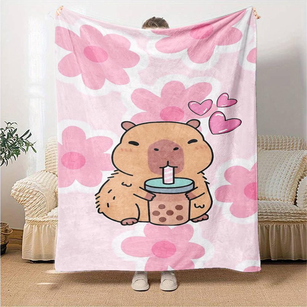 1pc Capybaras, Bubble Tea Blanket Lightweight Flannel Throw for Sofa Bed Travel Camping Livingroom1101L