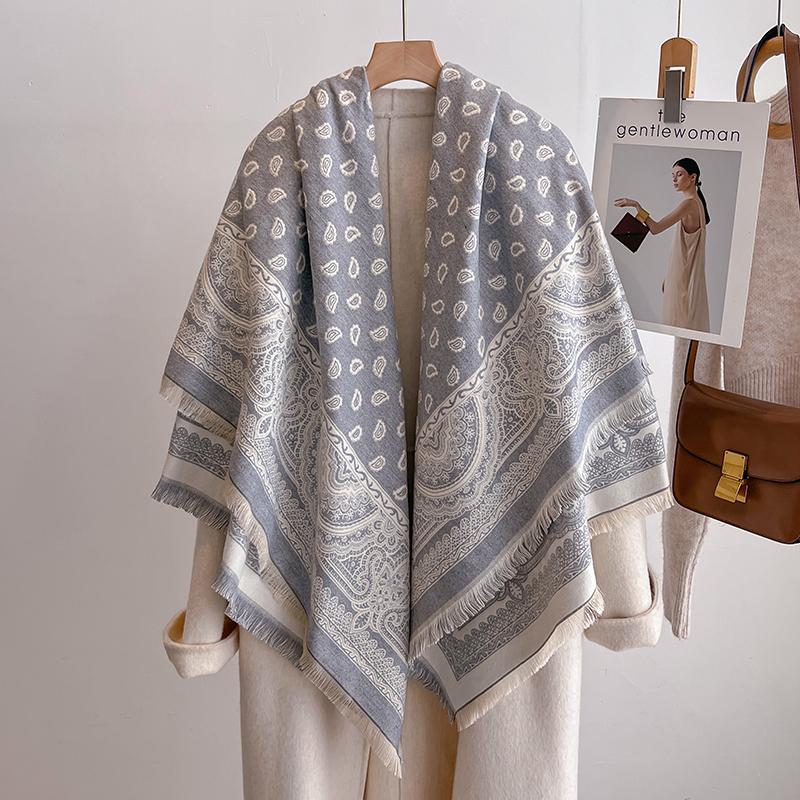 Women'S Fashion Faux Cashmere Winter Scarf Vintage Print With Tassels Thick Warm Pashmina Two-Sided Wrap Outdoor Shawls Foul