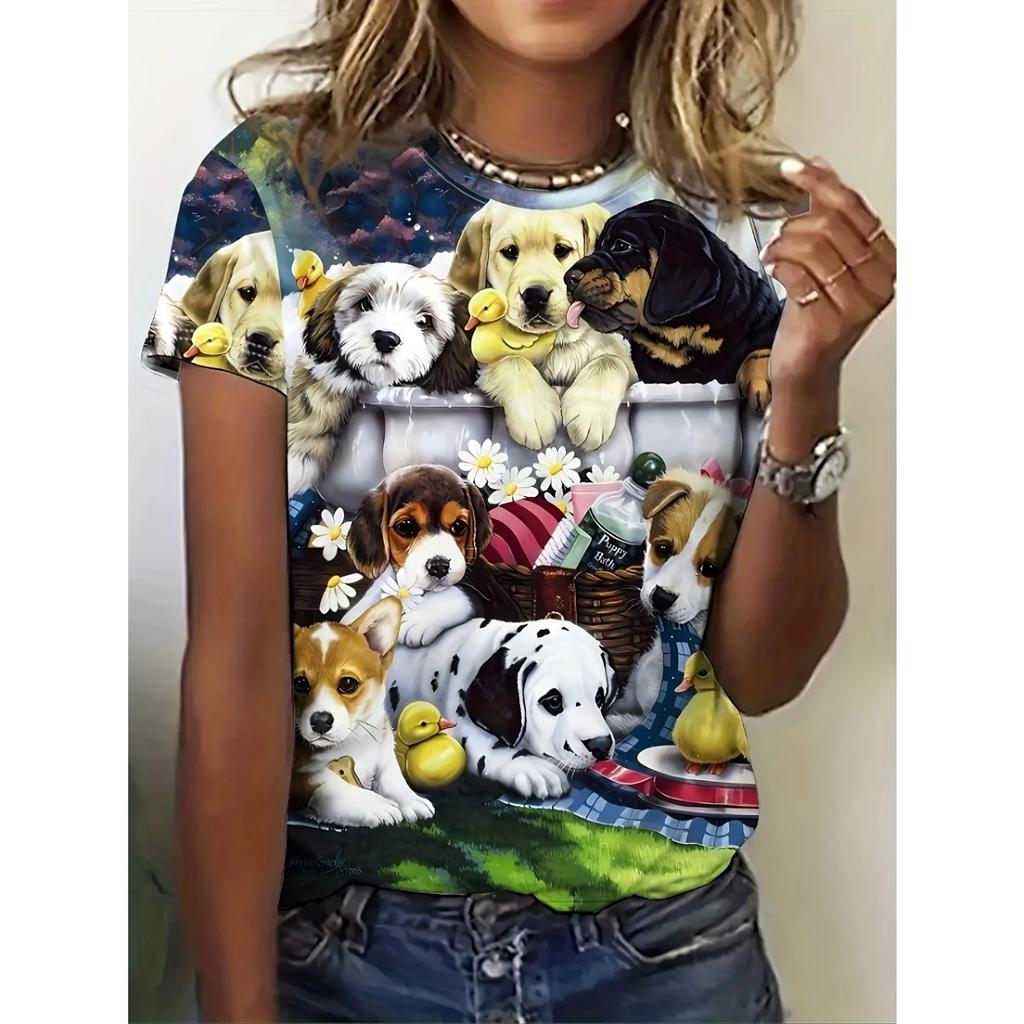 2025 Summer new women's 3D digital printed T-shirt creative animal pattern round neck casual short sleeve loose fashion top