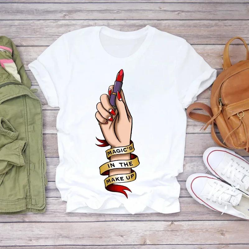 Fashion Short Sleeve White T-Shirt for Women Nail Art Makeup Beauty Style Inspired by Europe And America Summer Polyester Fabric