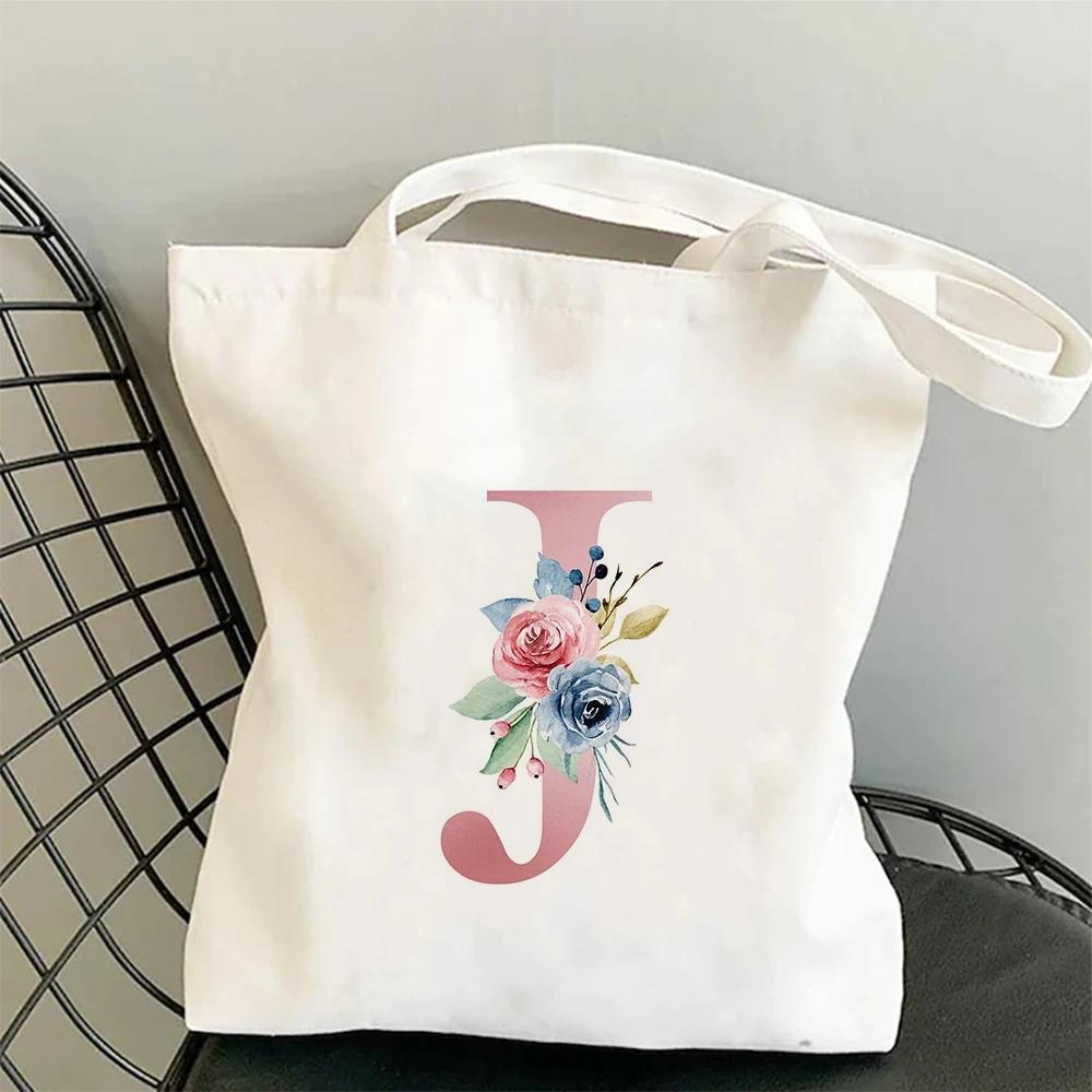 Blumen Alphabet A-Z Damen Einkaufs-Tragetaschen Canvas Große Kapazität Studenten Toilettenartikel Organizer Lässige Tragetasche Buchstaben-Taschen Geschenk