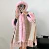 Cloak Shawl Wool Jacket Women'S Winter Hooded Medium Long Fleece Thickened Versatile Plaid Fringed Cloak Coat
