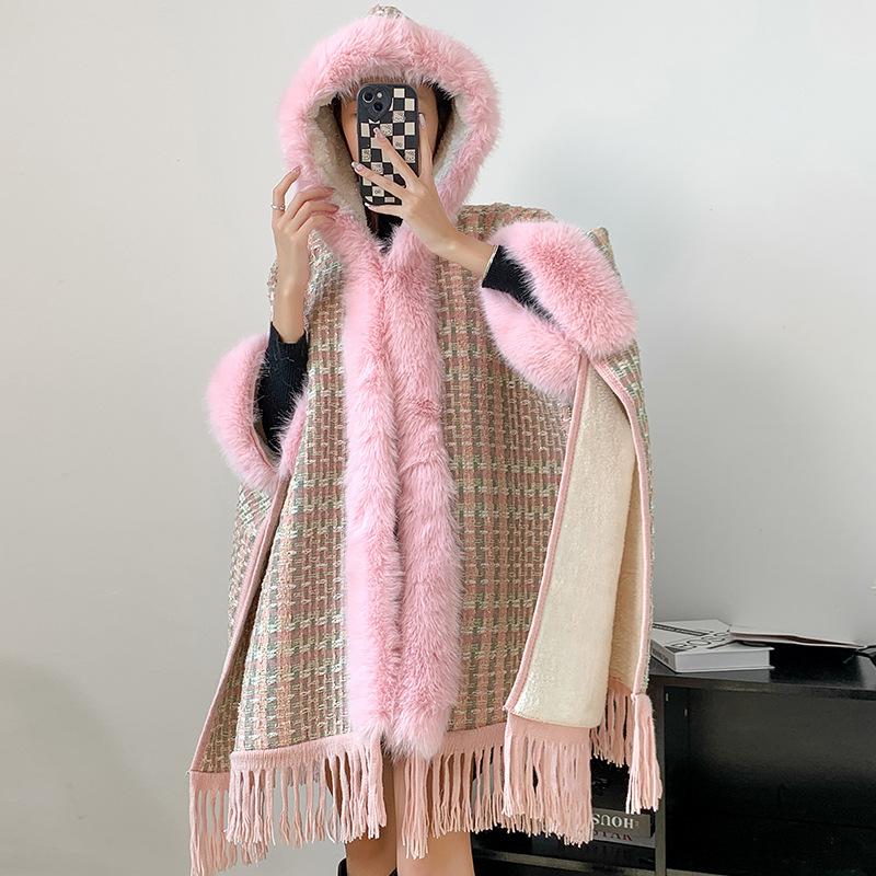 Cloak Shawl Wool Jacket Women'S Winter Hooded Medium Long Fleece Thickened Versatile Plaid Fringed Cloak Coat