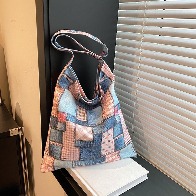 Lightweight and versatile canvas women's bag tote bag women's large-capacity student leisure bag 2025 new plaid shoulder bag