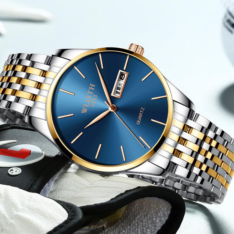 Top Brand Waterproof Quartz Double Calendar Fashion Steel Band Business Men's Wristwatch