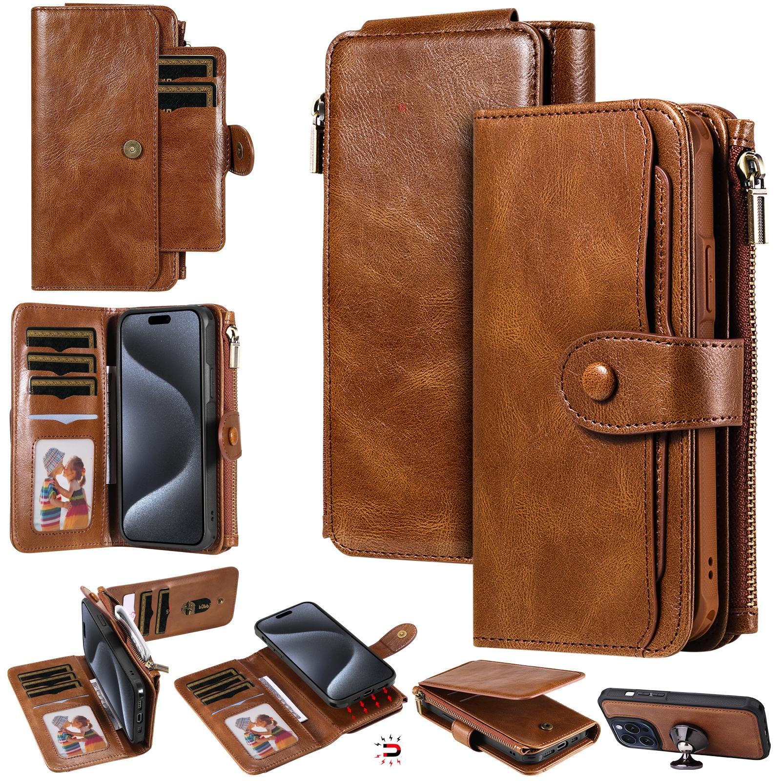 

For iPhone 15 Pro Magnetic Case Detachable PU Leather Zipper Wallet Cover Brown