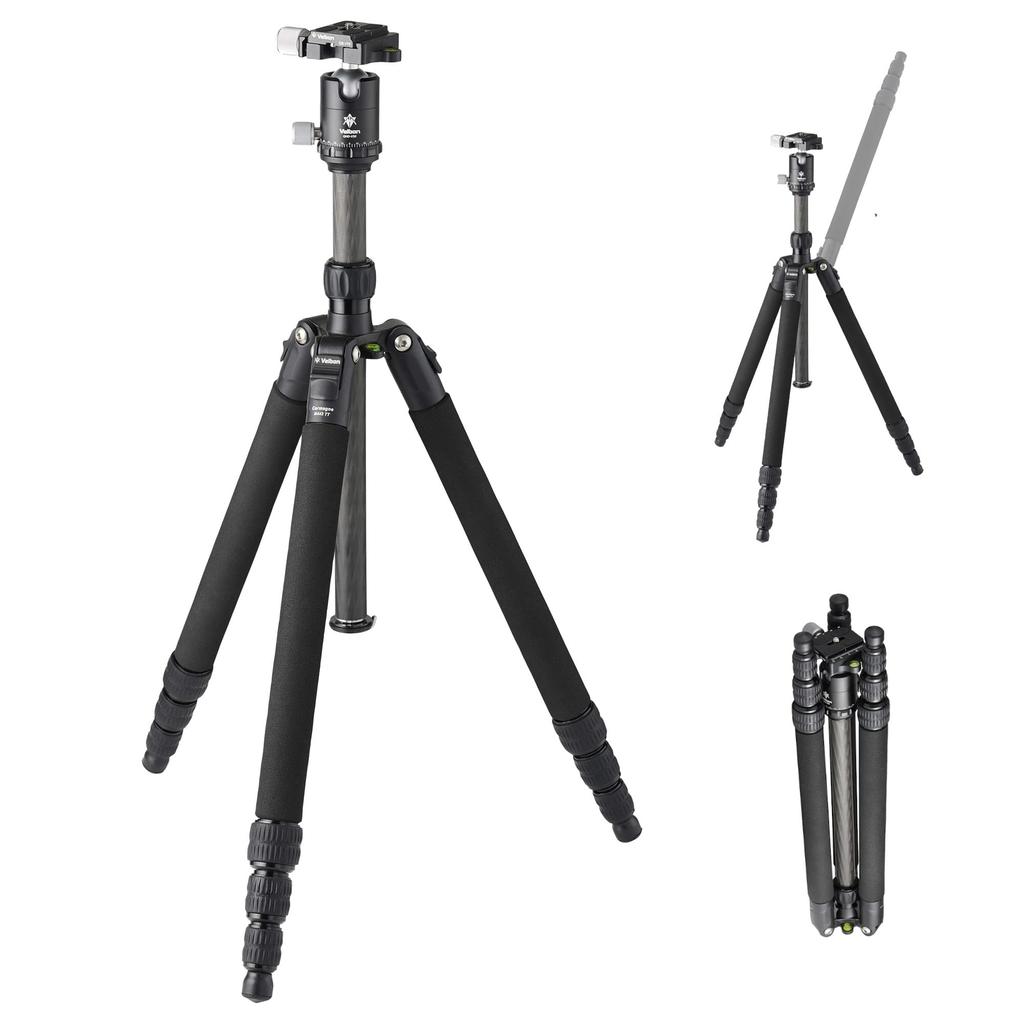 Velbon Carmagne N443 TT AZ Travel Carbon Fiber 4 Leg Reversible Compatible Carbon Fiber Black Tripod, Sections, Diameter Approx. 24mm, Storage,