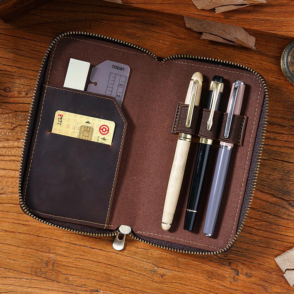 2026 First Layer Cowhide Three-pack Pencil Case Zipper Pen Storage Bag Plus Large Capacity Bill Stationery Case Pencil Case