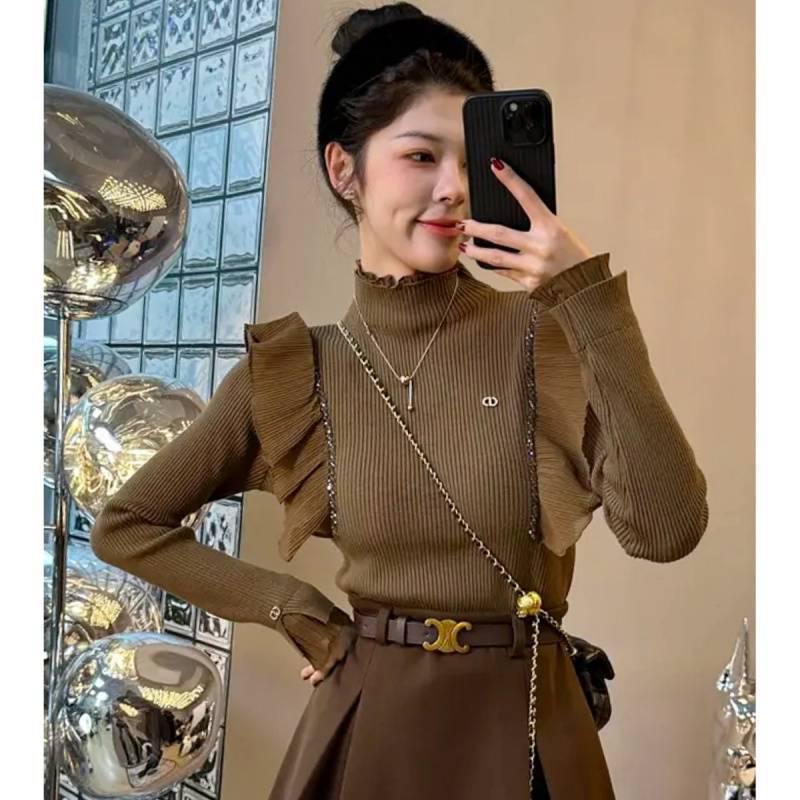 Women's Spring 2025 Korean Style Ruffle Sweater & High-Waisted Midi Skirt Two-Piece Set