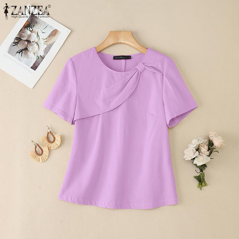 ZANZEA Women Casual Round Neck Loose Summer Cotton Short Sleeve Blouse