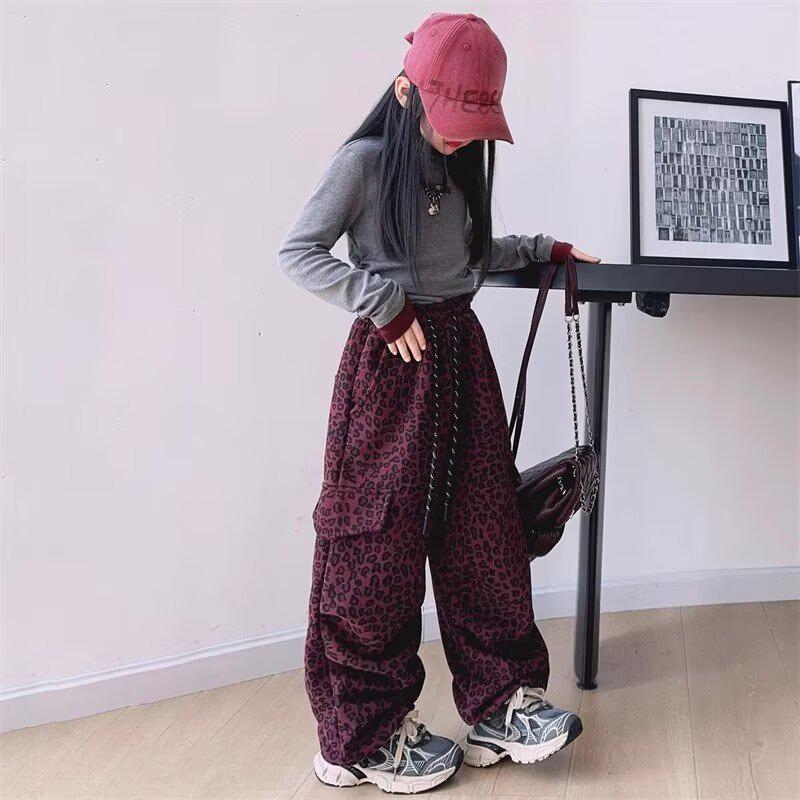 2025 Spring/Autumn Girls' Leopard Print Cargo Pants - Trendy Loose Wide-Leg Street Dance Style for Kids