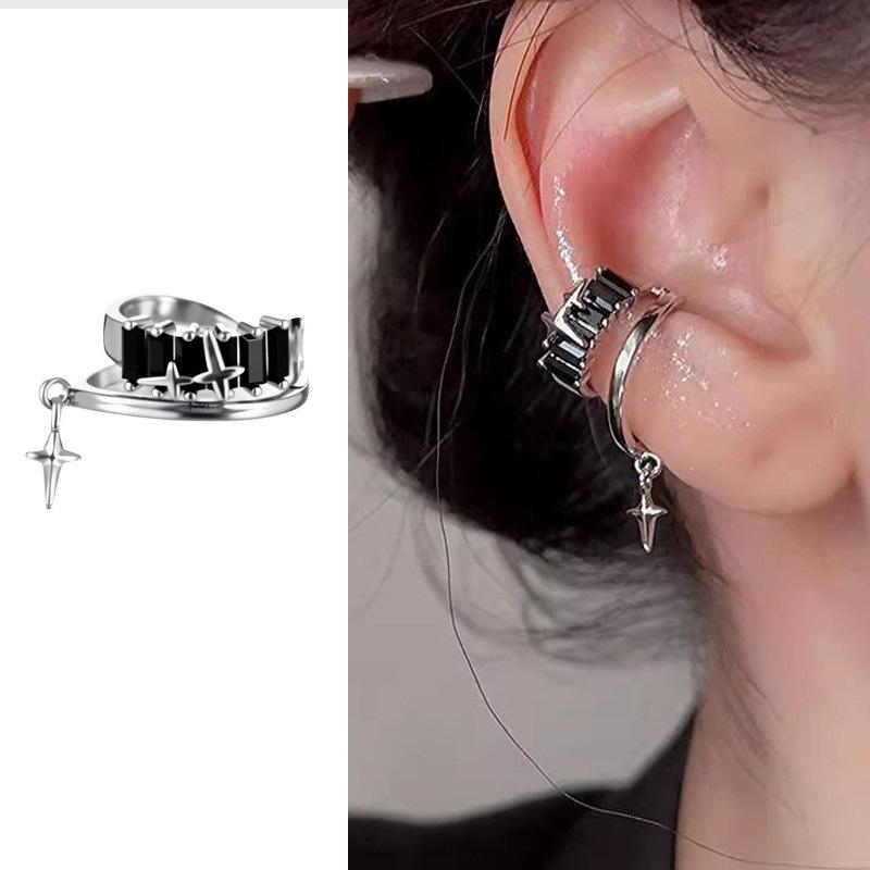 Punk Black Crystal Zircon Star Pendant Ear Clip for Women Fashion Silver Color Double-Layer Non Piercing Earcuff Jewelry Gifts