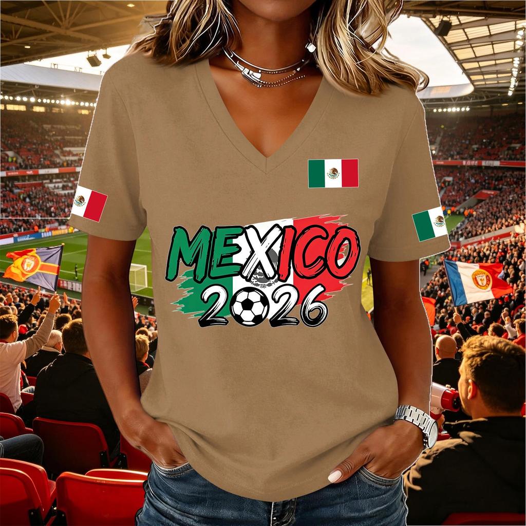 Women's Casual V Neck Pullover Short Sleeve Top Soccer National Flag Print Support Shirt Mexico 2026 Design Lightweight Comfortable Fit