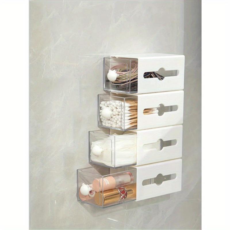 1pc Non Perforated Wall Storage Box Rectangular White Transparent Two-way Drawer For Cotton Swab Bathroom Headband Hair Loop Mini