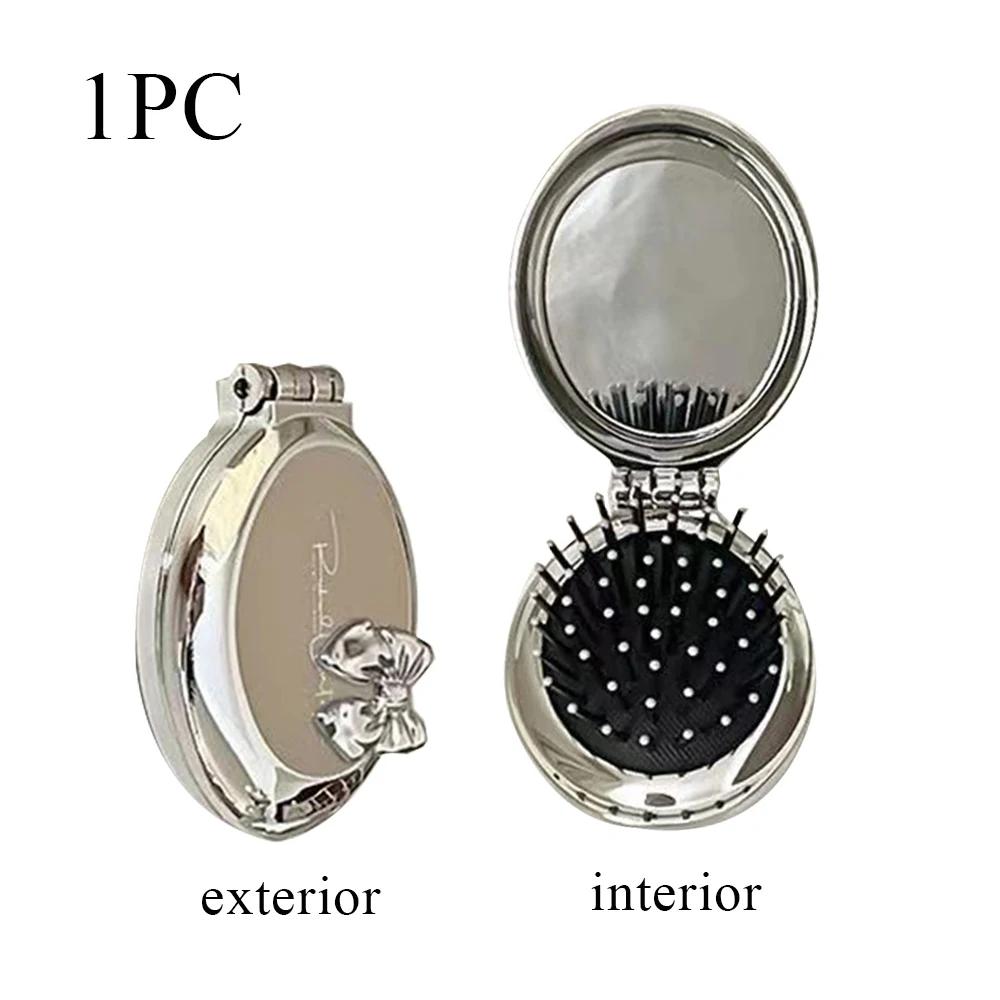 

Портативная мини-серебряная карманная расческа для девочек и женщин, круглая, маленькая дорожная массажная щетка для волос с зеркалом, аксессуары для укладки