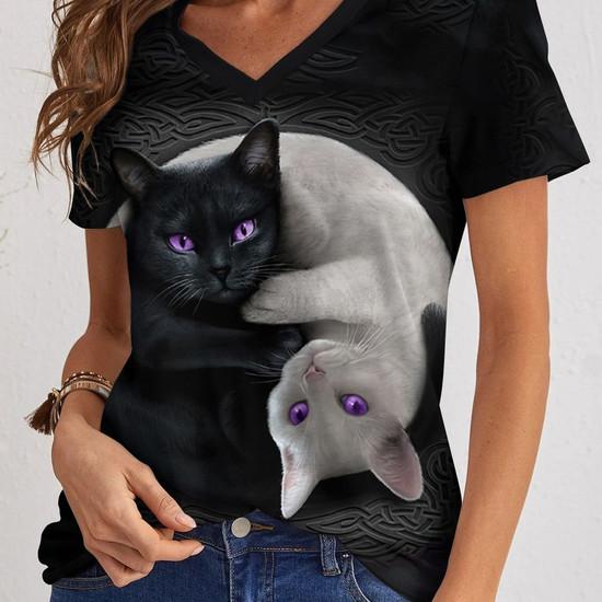 Cute Kitten T-Shirts Cat 3D Print Summer Women's Casual Short Sleeve V-Neck T Shirt Top Y2k Harajuku Tees Female Street Clothing