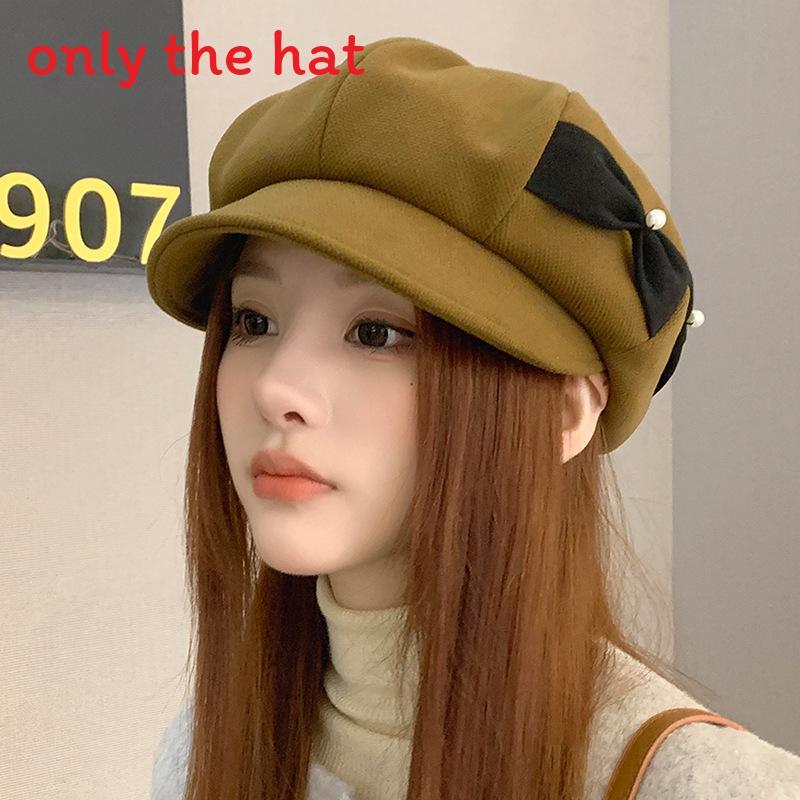 

Octagonal Hat For Women With Bowknot And Artificial Pearl Embellishments Suitable For Autumn Winter Fashion Accessories DarkKhaki