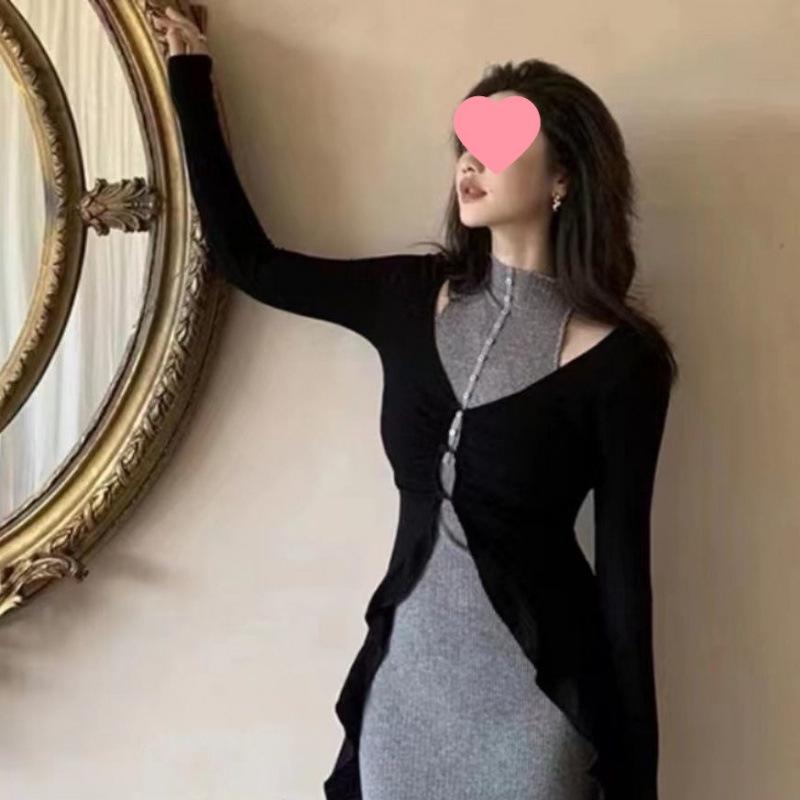 Gray Women's Autumn Two-Piece Set: High-End Cardigan and Bodycon Skirt, Elegant Lightly Mature Style