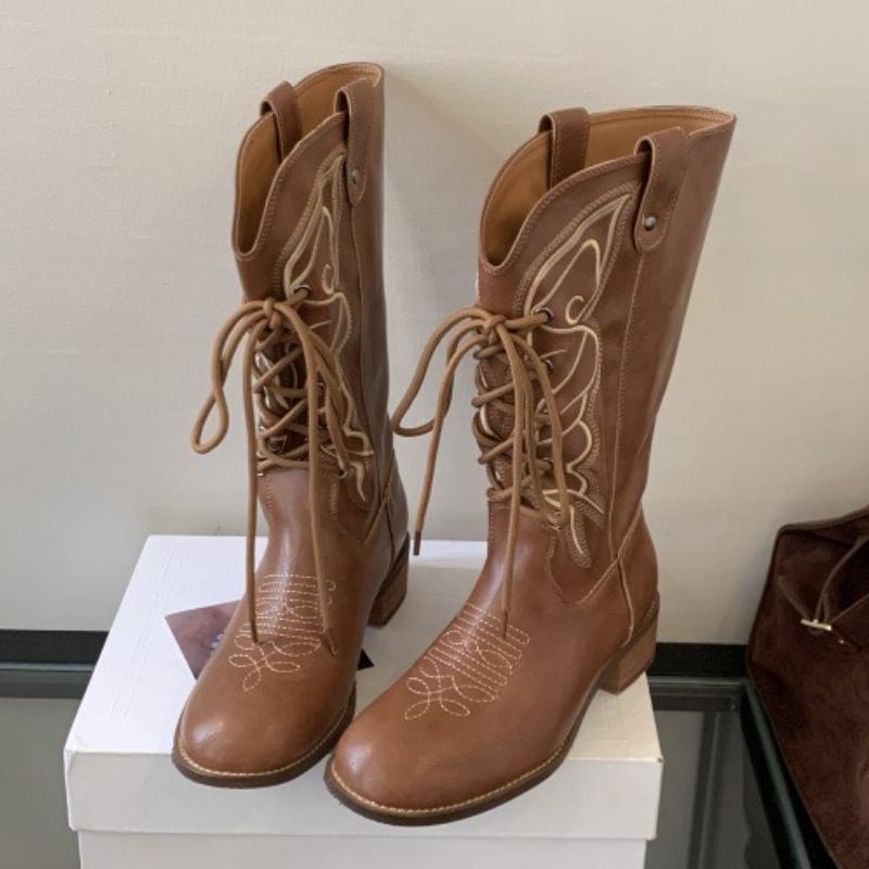 Fashion Retro Butterfly Embroidery Wedges Ankle Boots Women Fashion Rivet Sewing Lace Up Mid Calf Boots Luxury Cozy Brand Designer Boots