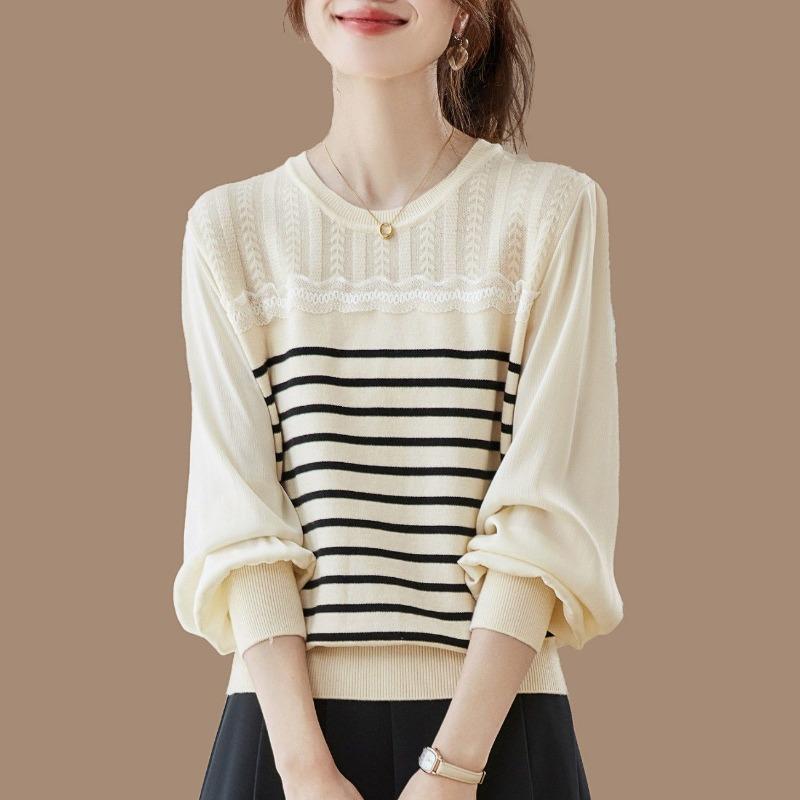 Women Round Neck Lace Stripe Splice Fake Two Piece Knit Top