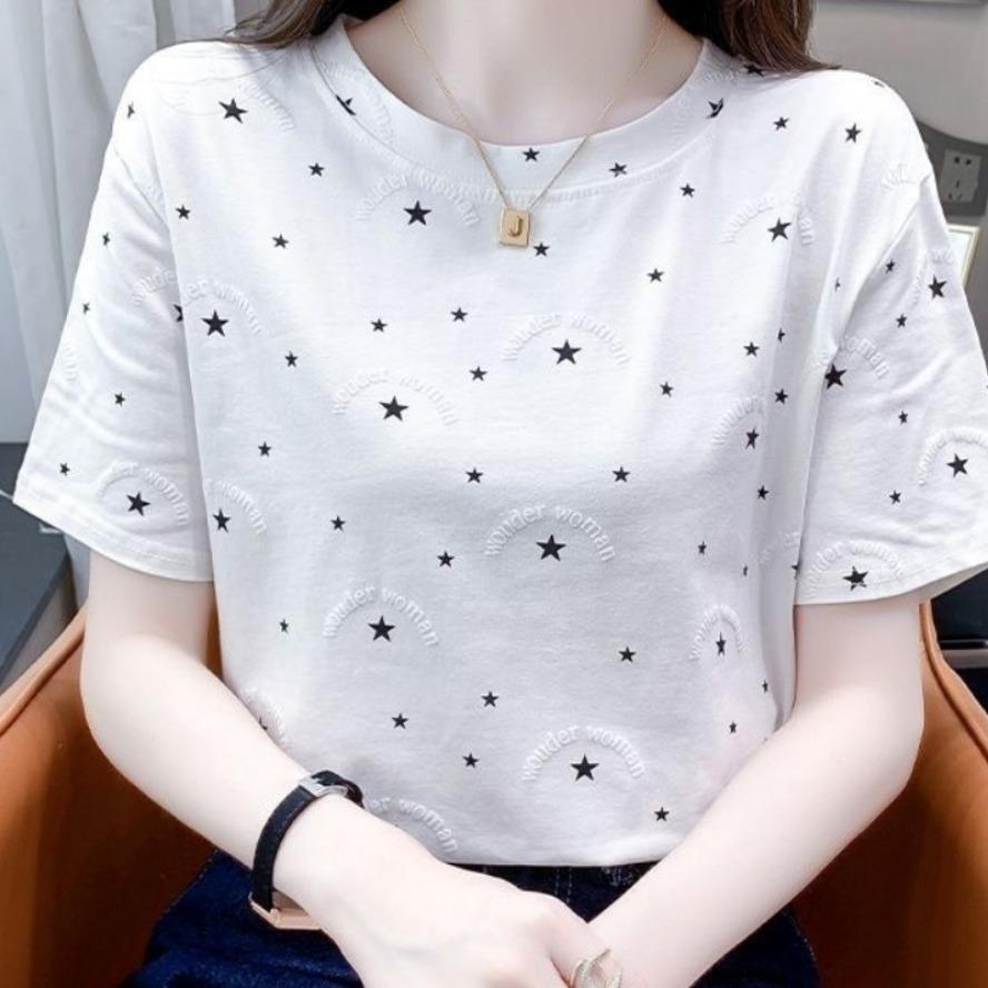 

YYFS Женские модные повседневные летние весенние блузки и рубашки с коротким рукавом и круглым вырезом с принтом звезд L