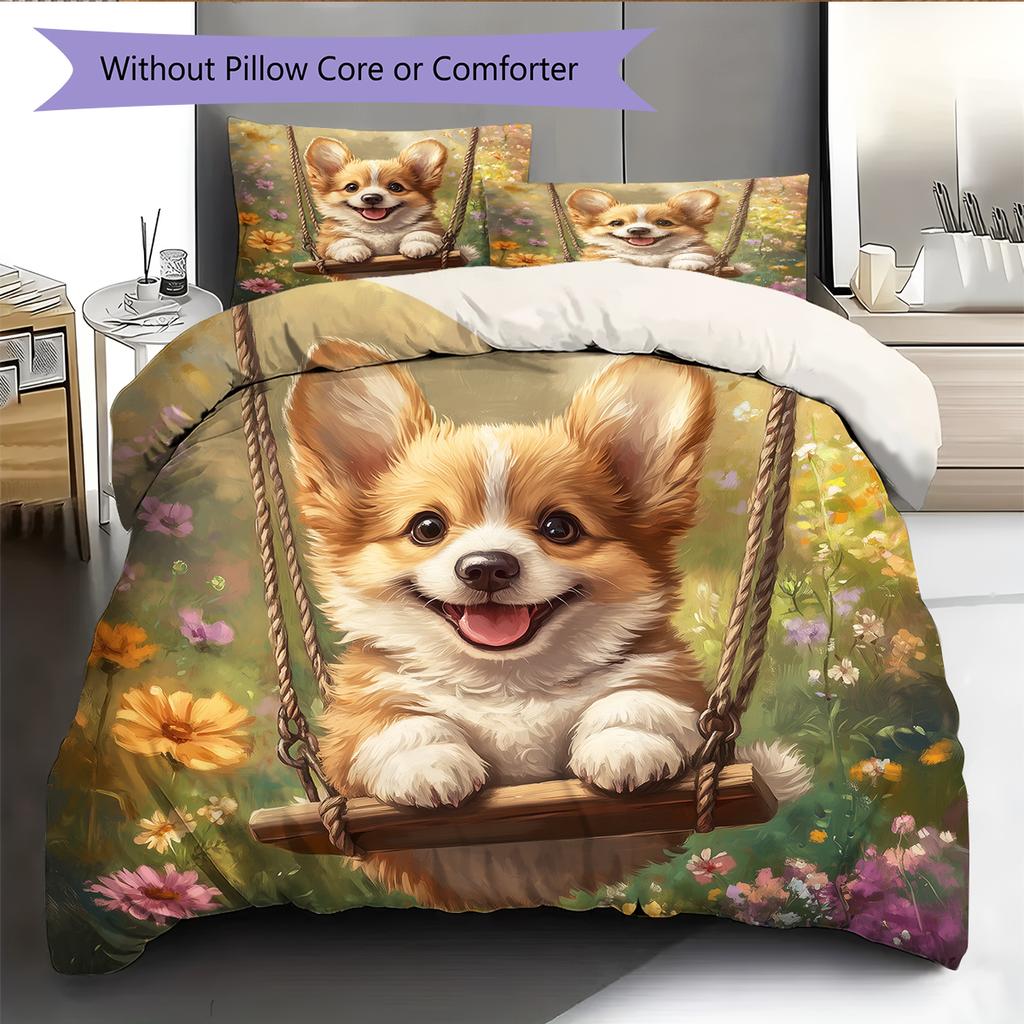 Cute Corgi Pattern Bedding Home Decoration Birthday Gift (1 * duvet cover + 2 * pillowcase, without core)