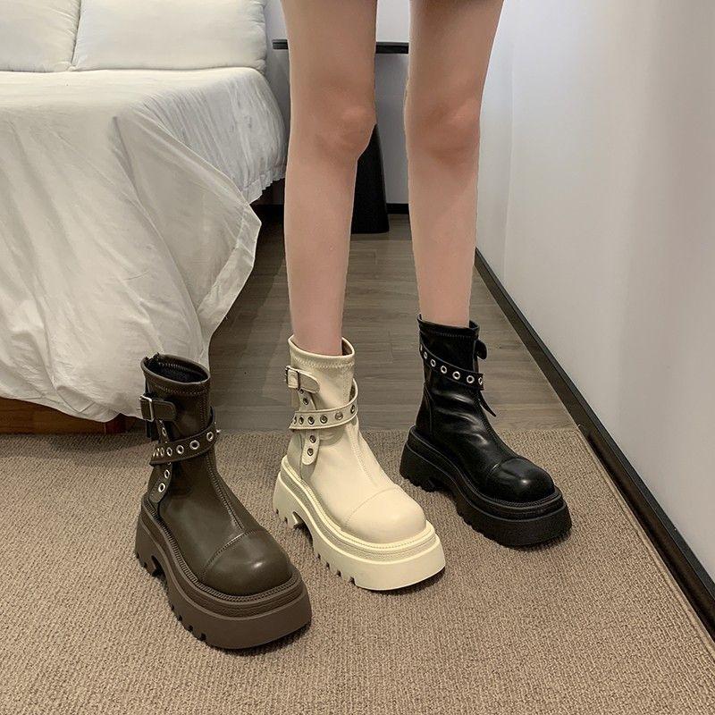 Fashion Thick soled British style black women's 2025 autumn new height increasing versatile retro thin short boots slim boots